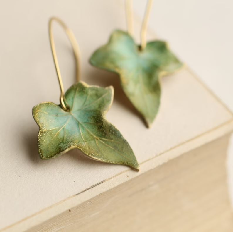Realistic Gold Green Leaf Earrings