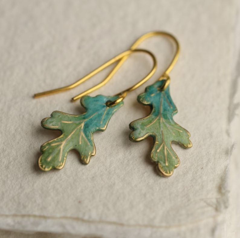 Green Golden Leaf Earrings